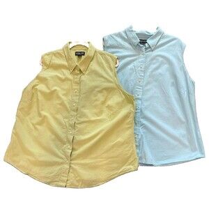 Lands' End Green/Blue Sleeveless Cotton Button Down Tops (Set of 2) 24W Casual